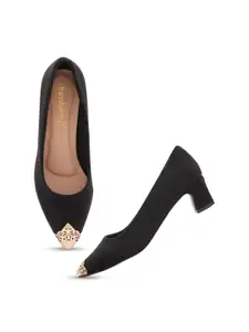DressBerry Black & Gold Toned Embellished Pointed Toe Block Pumps