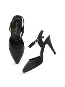 DressBerry Black Textured Pointed Toe Slim Pumps With Buckles
