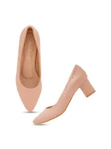 DressBerry Peach-Coloured Textured Block Heel Pumps