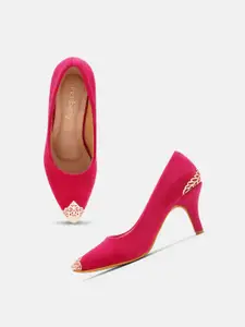DressBerry Pink & Gold Toned Embellished Pointed Toe Kitten Pumps