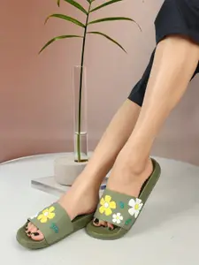 DressBerry Women Olive Green & Yellow Floral Printed Sliders