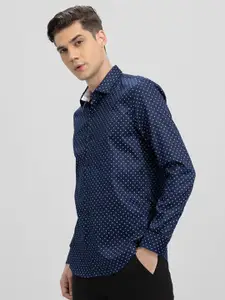 Snitch Navy Blue Classic Micro Ditsy Spread Collar Slim Fit Cotton Casual Shirt