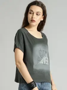 Roadster Women Charcoal Grey Printed Round Neck T-shirt
