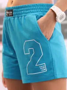 Tokyo Talkies Women Blue Typography Printed High-Rise Sports Shorts