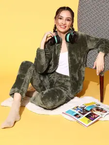 Sweet Dreams Olive Green Mock Collar Night Suit