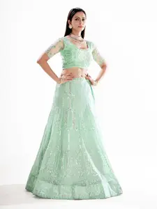 SHOPGARB Embroidered Sequinned Net Semi-Stitched Lehenga & Unstitched Blouse With Dupatta
