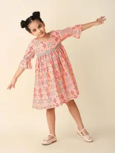 Fabindia Girls Floral Printed Bell Sleeves Cotton A-Line Dress