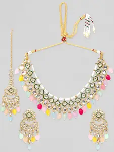Rubans 24KT Gold-Plated Polki Studded Beaded Necklace & Earrings With Maang Tikka