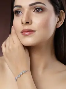 DressBerry Silver-Toned & White American Diamond Rhodium-Plated Link Bracelet