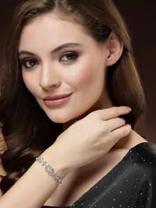 DressBerry Silver-Toned & White American Diamond Rhodium-Plated Link Bracelet