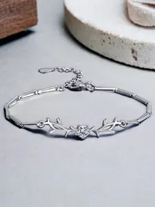 MYKI Silver Plated Cubic Zirconia Studded Stainless Steel Link Bracelet