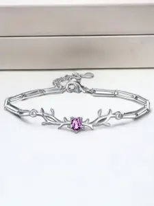 MYKI Silver Plated Cubic Zirconia Studded Stainless Steel Link Bracelet