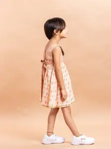 Sangria Girls Beige & Orange-Coloured Ethnic Motifs Printed Pure Cotton Fit & Flare Dress