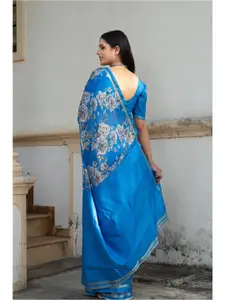 Anouk Blue Floral Printed Zari Organza Saree