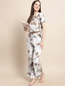 Claura Off White & Brown Tie and Dye Night suit