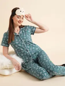 Sweet Dreams Teal Green & White Conversational Printed Pure Cotton Night Suit