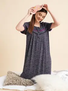 Sweet Dreams Navy Blue Geomertic Printed Pure Cotton Maxi Nightdress