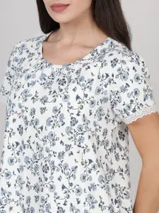 mackly White Floral Printed Pure Cotton Above Knee Length Nightdress