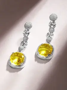 Rubans Rhodium Plated Yellow Sapphire & Cubic Zirconia Studded Drop Earrings