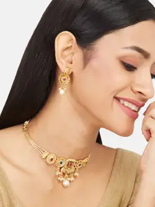 ATIBELLE Gold-Plated Stone-Studded & Beaded Necklace & Earrings