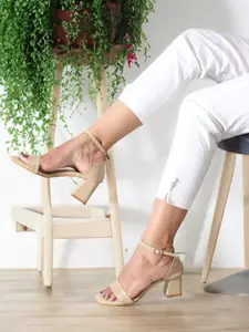 DressBerry Beige Textured Open Toe Block Heels With Ankle Loop