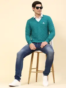 Monte Carlo Cable Knit Self Design V-Neck Pullover Sweater