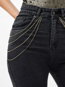 SASSAFRAS Women Black Slim Fit High-Rise Clean Look Embellished Stretchable Jeans