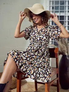 SASSAFRAS Beige & Black Printed V-Neck Fit & Flare Dress