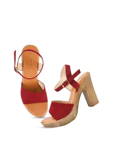 DressBerry Burgundy Open Toe Suede Platform Heels With Buckle Closure