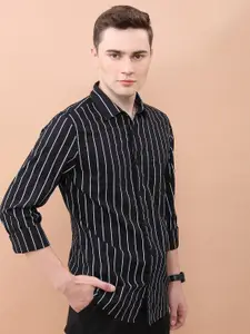 KETCH Black Slim Fit Vertical Striped Cotton Casual Shirt