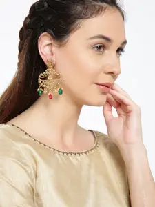 Jewels Galaxy Green & Off-White Gold-Plated Handcrafted Drop Earrings