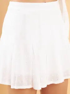 KASSUALLY White Self-Designed Pure Cotton Flared Mini Skirt