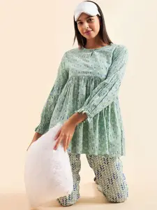 Sweet Dreams Sea Green & Blue Printed Pure Cotton A-Line Top & Trousers