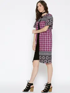 Sera Women Black & Pink Geometric Printed Button Detailed Longline Shrug