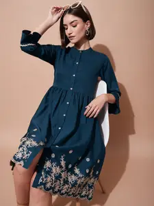 DressBerry Band Collar Floral Embroidered Gathered & Pleated  Fit and Flare