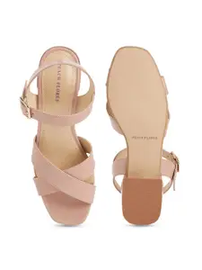 Peach Flores Criss-Cross Strap Leather Block Heels