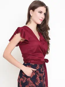 Sera Maroon V-Neck Flutter Sleeves Wrap Top
