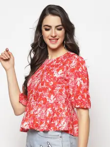 Sera Floral Printed Tie-Up Detailed Puff Sleeve Peplum Top