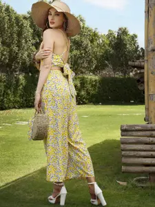 Sera Yellow Women Floral Printed Halter Neck Crop Top & Palazzo