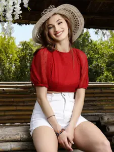 Sera Red Self Design Puff Sleeves Tie-Ups Detail Styled Back Crop Top