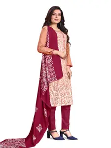 MANVAA Peach-Coloured & White Printed Pure Cotton Unstitched Dress Material