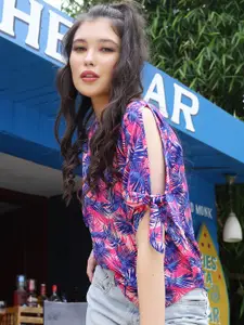 Sera Pink & Blue Tropical Printed Blouson Top