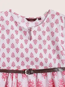 Sangria Girls Floral Printed Pure Cotton Tiered Fit & Flare Dress with Belt