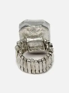 PANASH Silver-Plated CZ-Studded Rectangle-Shaped Adjustable Finger Ring