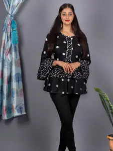 KALINI Polka Dot Printed Tie-Up Neck Bell Sleeves Peplum Top