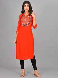 KALINI Ethnic Motifs Yoke Design V-Neck Thread & Mirror Work Kurta
