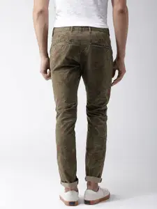 Celio Men Olive Brown Slim Fit Printed Casual Trousers