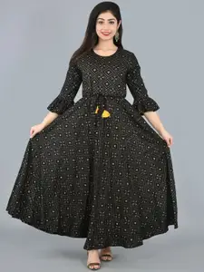 KALINI Geometric Printed Waist Tied Anarkali Maxi Ethnic Dress