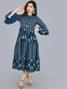 KALINI Geometric Printed Mandarin Collar Bell Sleeves Fit & Flare Ethnic Dress