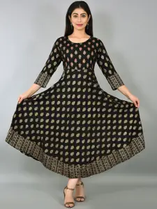 KALINI Ethnic Motif Printed Mirror Work Detail Fit & Flare Maxi Ethnic Dress